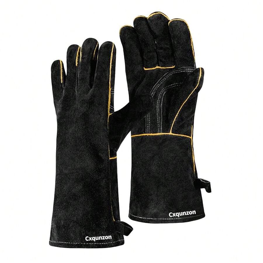 Leather MIG Welding Gloves - Heat Fire Resistant For Welding/Grilling/BBQ/Fireplace(Black/Brown/Blue),Black - Black - View 1