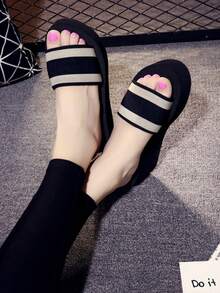 Women's New Wedge Thick Bottom Sandals, Striped Fashion High Heel Flip Flops, Casual Versatile Outdoor Wear Increased Height One-Strap Slippers For Spring, Summer, Autumn, Beach, Resort, Pair With Dresses, Black, Brown, Khaki Open Toe, Breathable Soft Comfortable Non-Slip Anti-Odor Indoor Shower Slippers, Flat Sandals - Khaki - View 7