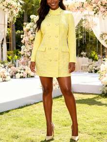 Women Elegant Yellow Jacquard Tailored Blazer Mini Dress With Double Breasted For Cocktail Party Formal Occasion - 黃色 - 查看 8