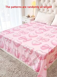 1件装100%轻薄涤纶面料浪漫粉色爱心条纹蝴蝶结印花床单，透气爱情主题床上用品，可爱卧室装饰，适合成人和青少年 - 彩色 - 查看 7