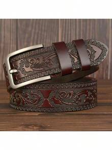 Men's Vintage Genuine Leather Belt, Metal Buckle - Intricate Floral Engraved Design, Suitable For Business And Casual Wear - Ideal Gift For Father Or Husband, Suitable For Summer, Campus, Business Occasions, Boyfriend, Husband, Father, Dad, Etc. - Multicolor - View 1