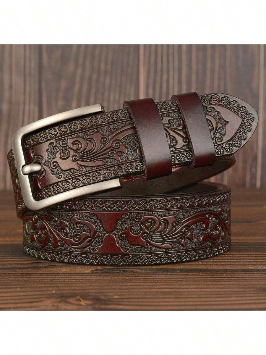 Men's Vintage Genuine Leather Belt, Metal Buckle - Intricate Floral Engraved Design, Suitable For Business And Casual Wear - Ideal Gift For Father Or Husband, Suitable For Summer, Campus, Business Occasions, Boyfriend, Husband, Father, Dad, Etc. - Multicolor - View 1