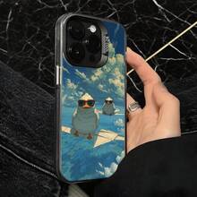 Funda de Teléfono Pato Blanco con Gafas de Sol Volando en Avión de Papel Patrón de Nubes para iPhone 14 Pro Max 13 12 11  Galaxy S23 S22 S21 S20 Opción de Regalo Ideal para Todas las Estaciones - Negro - Ver 4