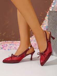 Women's Burgundy Mesh Backless High Heels, Bowknot Pointed Toe Stiletto Sandals - Burgundy - View 3