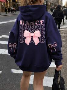 1件少女休闲印花套头卫衣，保暖内衬，长袖，秋冬季学生服装 - 藏蓝色 - 查看 9