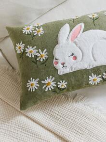 1pc Easter Green Rabbit Embroidered Throw Pillow Cover, Spring Floral Cushion Cover, Suitable For Indoor Decor, Spring/Summer Pillow Sham, Pillow Insert Not Included - Green - View 5