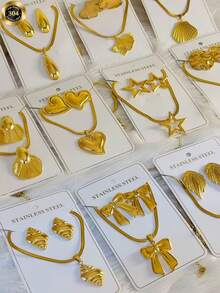 1/6/8 Sets Gold Classic Stainless Steel Jewelry Set, Floral Heart-Shaped Necklace And Earrings Set, Pendant Necklace, Suitable For Women's Daily Wear, Halloween Jewelry, Women's Autumn Accessories - Gold - View 6