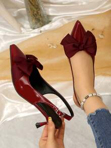 2026 New Women's Pointed Toe Slingback High Heel Pumps, Solid Color Glossy Bowknot Elegant Dress Shoes, Spring/Summer - Burgundy - View 2