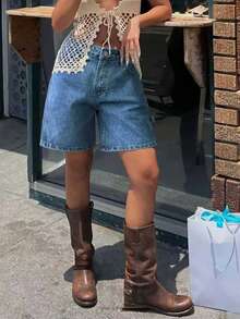 女士高腰百搭牛仔短裤，复古水洗，宽松版型，及膝休闲复古风牛仔短裤，夏季时尚 - 中等水洗藍 - 查看 3