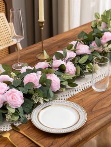 MEHELANY 1Pc 6.7ft Pink Artificial Peony Rattan, Green Plant Wreath Floral Decoration, Fake Flower Peony Rose Vine Green Plant, Spring Wreath Vine Decoration For Dining Table, Home, Wedding, Mantel Party, Wedding Party Arch Table Wall Background Decoration - Light Pink - View 2