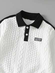 2pcs Boys Jacquard Knit Long Sleeve Polo Shirt And Casual Pockets Sweatpants Set, Comfortable And Fashionable For Autumn/Winter - Black and White - View 7