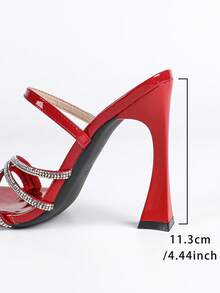 Jin Bei Qi 女士高跟鞋，圆头，纯色漆皮，多带镶钻，踝带，露趾，套脚式，户外派对，细高跟，独特鞋跟造型，时尚优雅魅力派对宴会浪漫闪亮红色高跟鞋 - 紅色 - 查看 3