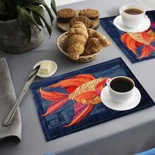 1件/4件/6件装刺绣鱼纹亚麻餐垫，适用于餐桌，四季皆宜，现代可水洗餐垫，房间装饰，杯垫，厨房餐垫，室内外派对装饰，家居装饰，理想礼品 - 彩色 - 查看 7
