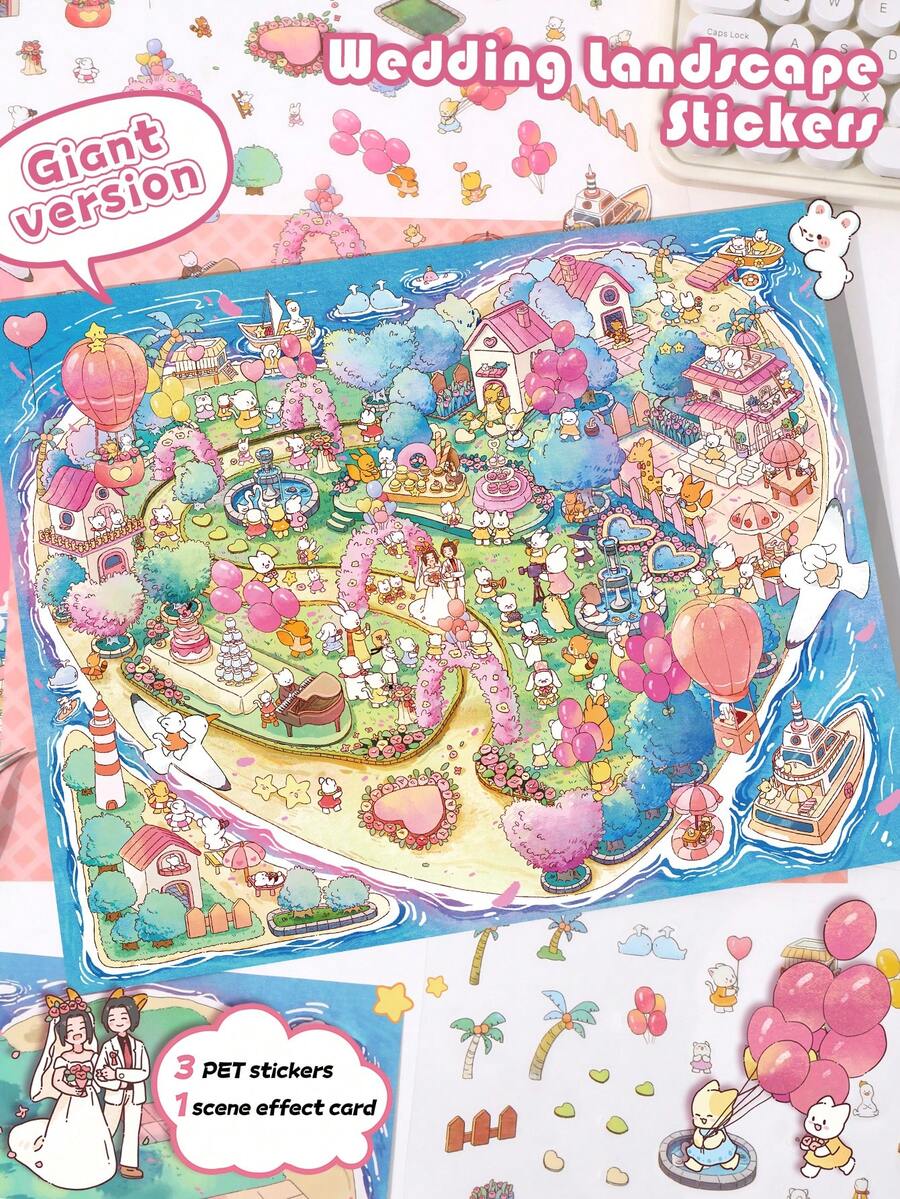 Extra Large Size - Landscape Sticker, Valentine's Day Theme Sticker, Large Size 36*26.5cm, Romantic Island Wedding, Miniature Scene Sticker, 3D Layered Scrapbooking Sticker, Includes 1 Tweezer, Valentine's Day Gift For Girlfriend - Multicolor - View 1