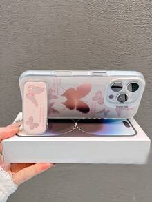1个粉色闪光可爱卡通手机壳，蝴蝶图案，带隐形镜面支架，兼容 11/12/13/14/15/16/17/Pro Max - 粉色 - 查看 4