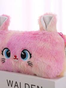 1pc Plush Pencil Case, Student Stationery Bag, Pencil Box, Girls Organizer Pouch - Rose Red - View 3