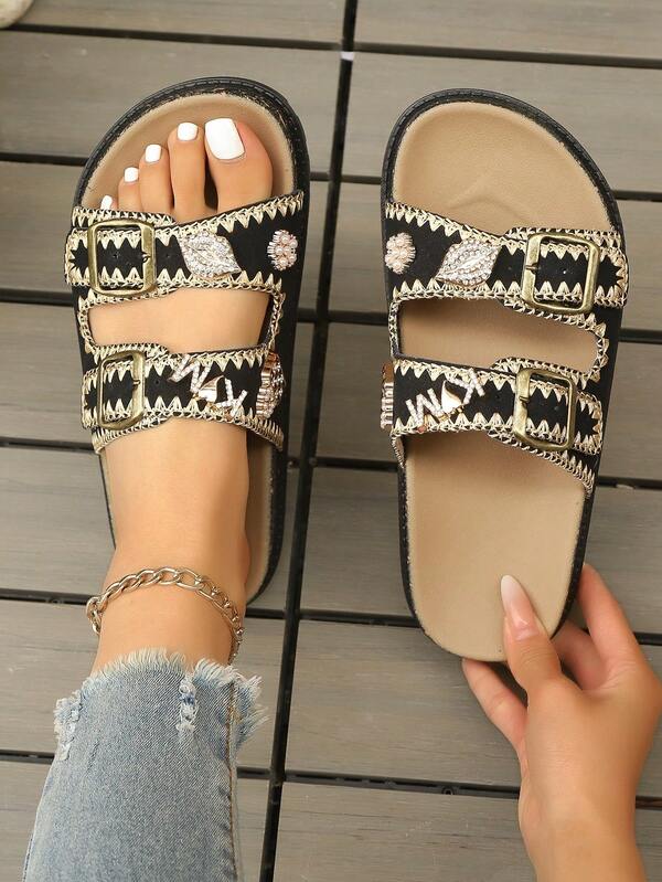 Women's Round Toe Rhinestone Flower Heart Decor Shoes, Fashionable, Elegant, Retro Style, Adjustable Buckle, Comfortable Slip-On Flats For Daily, Work, Party