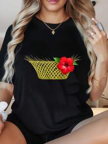 Women's Round Neck Short Sleeve T-ShirtBlack T Shirt With Yellow Basket And Red Flower Design Women's Casual Top Summer Fashion Graphic TeeFun Prints Are Suitable For Christmas Partysports Activitiesholiday Partiesoutingssports And Other Holiday Gifts (220g). - 黑色 - 查看 2