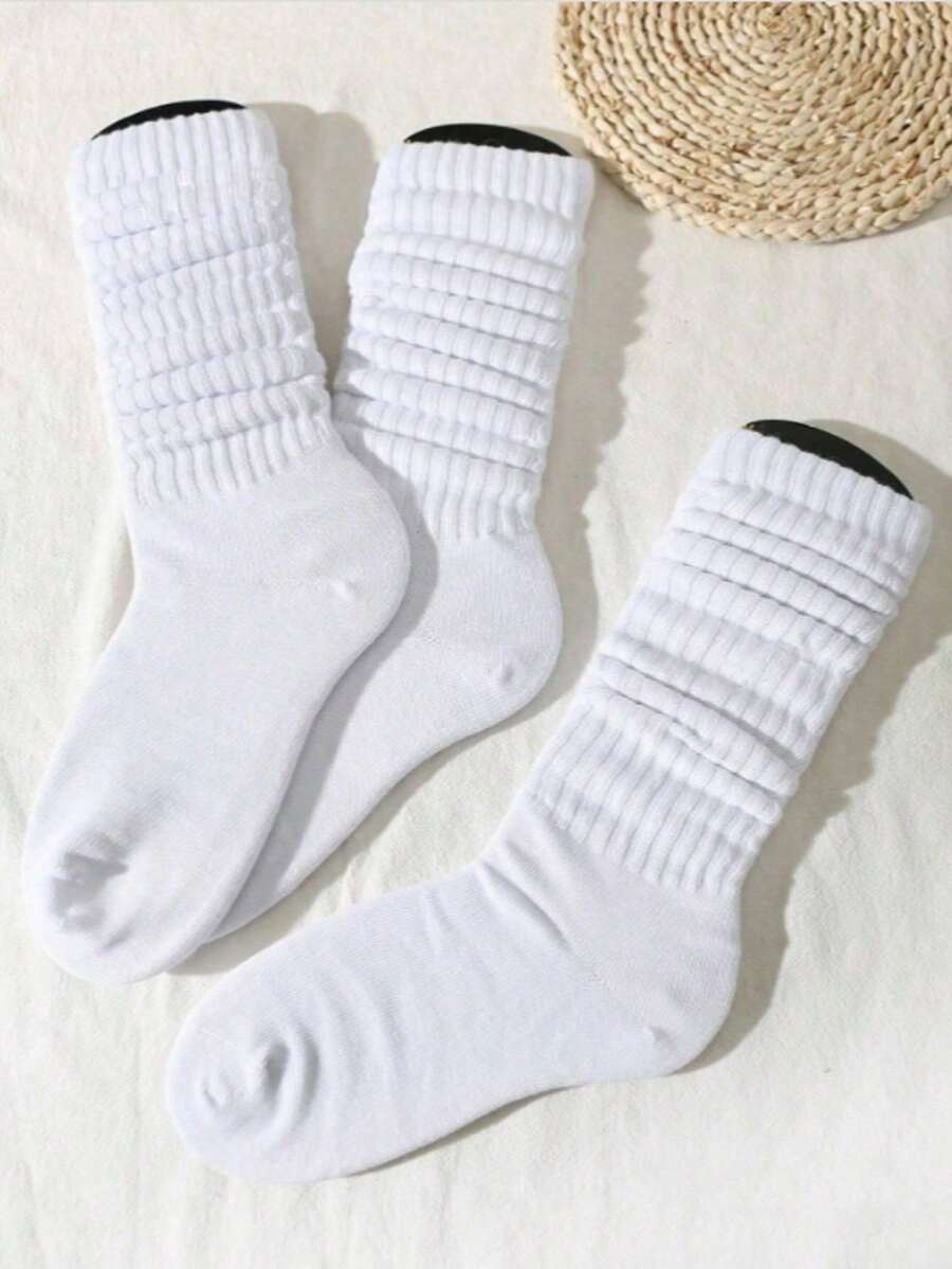 3 Pairs Women's Solid White Crew Socks, Versatile