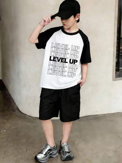 Teenager Boys' Casual Letter Print Round Neck Short Sleeve T-Shirt + Cargo Pants Comfortable Summer Outfit Set