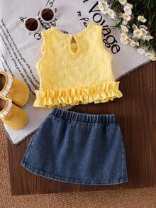 2pcs Baby Girl Bowknot Trim Jacquard Sleeveless Top And Bowknot Pleated Denim Skirt Set - Yellow - View 3