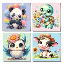 4幅无框数码油画，尺寸20x20厘米/8x8英寸，含颜料和画笔，DIY简易丙烯颜料套装，艺术工艺品，家居装饰，最佳减压礼物，适合初学者和成人。 - 明亮 - 查看 4