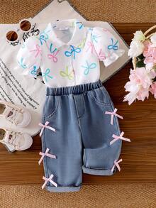 2件套女婴时尚蝴蝶结衬衫领纽扣前襟灯笼袖休闲衬衫上衣和松紧腰粉色蝴蝶牛仔裤套装 - 白色 - 查看 2