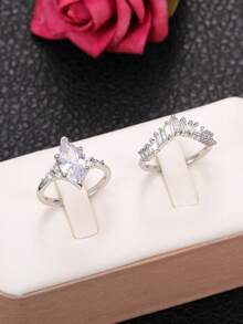 两件套经典立方氧化锆戒指套装，女士结婚订婚周年纪念派对珠宝，情人节礼物，送给妈妈的礼物，母亲节礼物