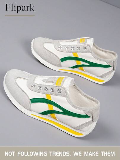 Flipark 1 Pair Casual Slip-On Sneakers, Featuring Crossed Stripe Decor In Beige, White, Yellow, Green Color-Block, Canvas + Suede Patchwork Low-Top Everyday Casual Shoes