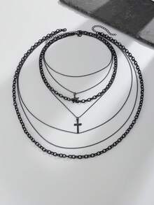 2pcs/Set Gothic Geometric Layered Tassel Cross & Star Pendant Necklace, Charm Jewelry For Men/Couples, Punk Hip-Hop, Vacation, Party, Casual, Street Style, Wedding, Rock Event, Holiday, Birthday, Versatile Gift - Necklace - View 5