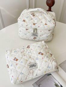 1pc Beige Floral Bow Bear Rabbit Quilted Makeup Bag, Large Capacity Portable Zipper Makeup Pouch, Suitable For Travel & Vacation, Can Store Sanitary Pads, Keys, Phones, Chargers, Lipsticks, Cosmetics, Perfumes, Makeup Brushes, Ideal Storage For Skincare & Beauty Products, Suitable For Women, Students, Girls, Also A Perfect Gift For Holidays & New Year - Beige - View 4