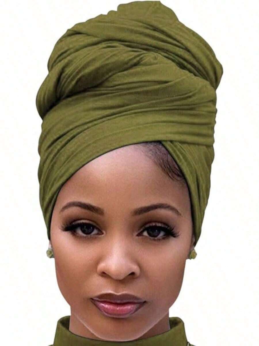 Wraps Stretch Scarf Long African Hair Wraps Turban Headwraps Jersey Headbands - Dark Army Green - View 1