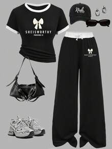 Teen Girl Letter Bow Pattern Print Short Sleeve T-Shirt And Wide Leg Long Pants Casual Set - Black - View 2