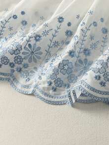 女士优雅蓝色花卉刺绣A字裙，休闲假日款 - 白色 - 查看 9