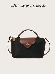 This New Color-Blocked Mini Square Tote Bag Is Made Of Waterproof Nylon Fabric, Features A Flap Closure And Zipper Closure, And Is Suitable For Women As A Shoulder Bag And Wallet. It Can Be Used For Commuting, Parties, And Vacations. - Black - View 7