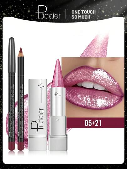 Pudaier Set de delineador de labios mate y lápiz labial metálico - Crea un contorno impresionante con el suave delineador de labios mate y el lujoso lápiz labial metálico para un brillo radiante como un diamante - Herramientas de maquillaje esenciales para lograr un aspecto audaz y de sí mismo - Excelente regalo para el Día de Acción de Gracias y Navidad