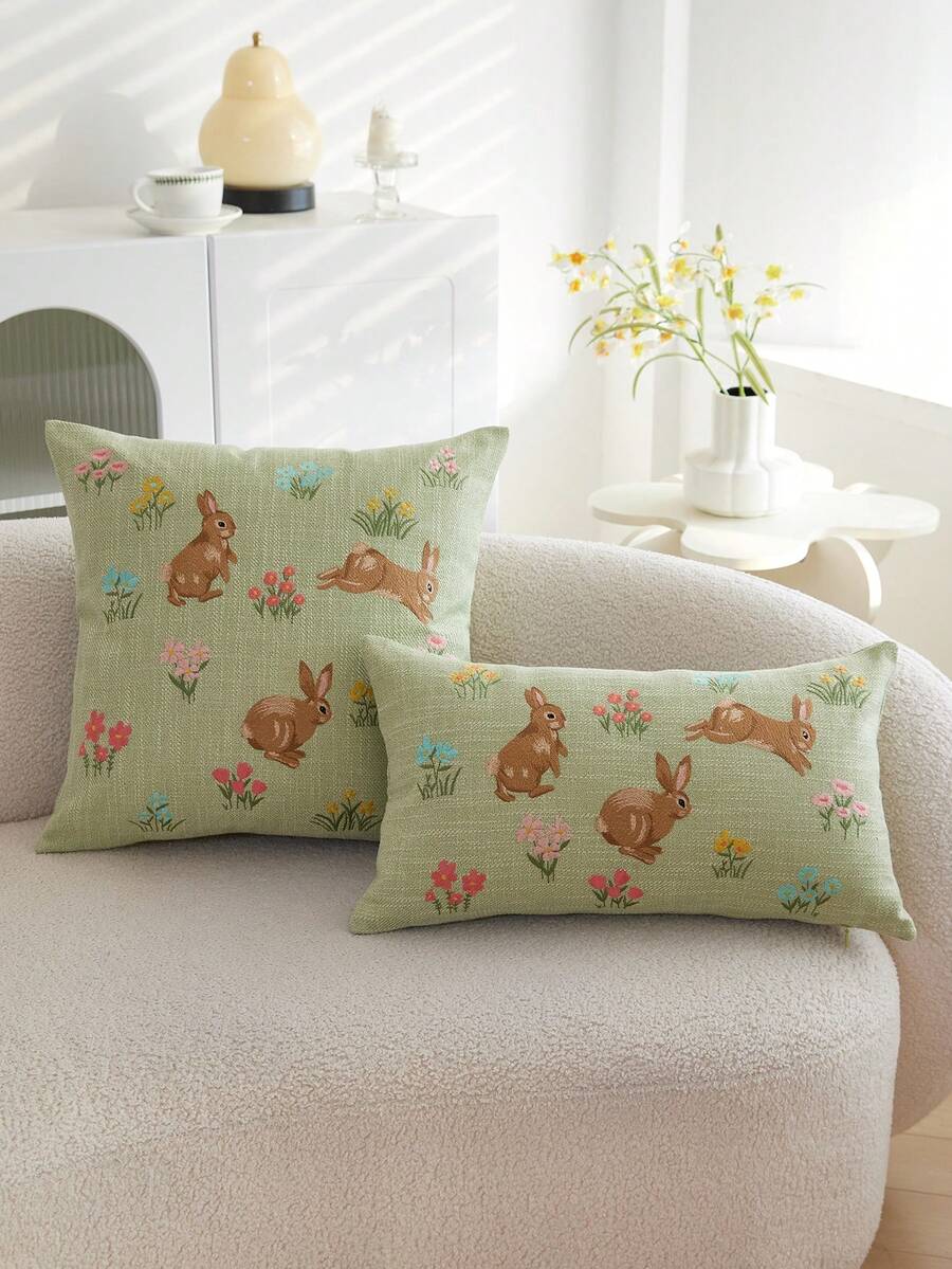 1pc Easter Green Rabbit Embroidered Throw Pillow Cover, Spring Floral Cushion Cover, Suitable For Indoor Decor, Spring/Summer Pillowcase, Pillow Insert Not Included