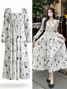 Vestido largo bordado floral para mujer, manga larga, cuello cuadrado, vestido bohemio con bolsillos, vestido de otoño fruncido - Blanco Negro - Ver 1