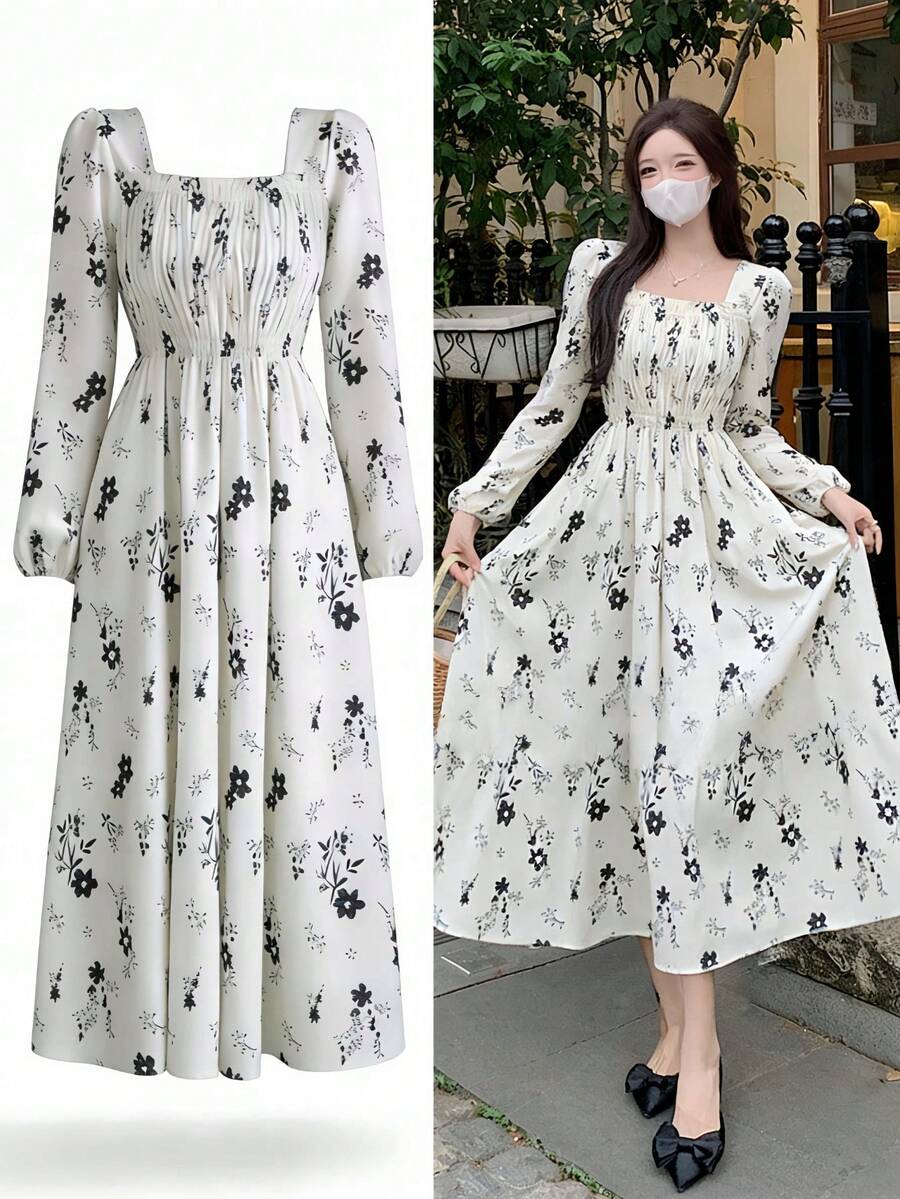 Vestido largo bordado floral para mujer, manga larga, cuello cuadrado, vestido bohemio con bolsillos, vestido de otoño fruncido - Blanco Negro - Ver 1