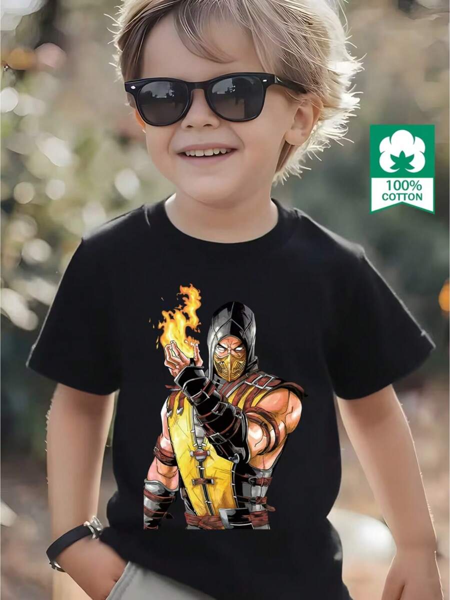 Camiseta Manga Curta Colorida Infantil Simples Casual Adequado Para Meninas Algodão Estampa De Scorpion - Preto - Visão 1