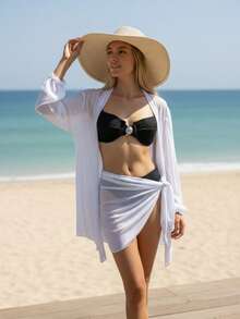 Beach Cover-Up Set: Shirt Dress + Tulle Bandana | Summer 2026 Fashion Blogger - trắng - Xem 1
