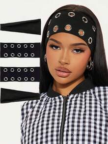 1/2/4件套朋克镂空弹力发带，复古哥特摇滚音乐节时尚发饰，可与普通运动发带搭配使用，女士发带，女士头巾，运动吸汗带 - 黑色 - 查看 5