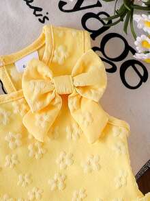 2pcs Baby Girl Bowknot Trim Jacquard Sleeveless Top And Bowknot Pleated Denim Skirt Set - Yellow - View 5