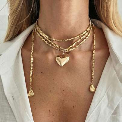 1 pieza Collar largo con colgante de corazón minimalista, collar gargantilla con cuentas cuadradas de CCB, accesorio adecuado para el uso diario, citas, compras, fiestas, mejor regalo para el Día de San Valentín (Material de resina CCB sin metal, comprar con precaución)