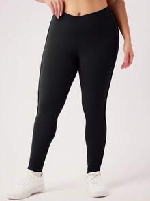 1pc Women Plus Size Elastic Seam Design Shaping Line Skinny Leggings - Black - View 6