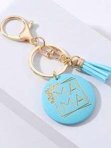 1pc New Mother's Day Gift Keychain Wood Plate Letter Tassel Car Key Holder Chain Ring Pendant, Suitable For Gifting To Mom - Multicolor - View 3