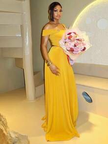 Vestido Largo de Fiesta Liso con Anillos Metálicos Pliegues Abertura Asimétrico - Amarillo - Ver 2