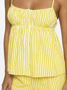 Spaghetti Strap Sexy Top, Button Design Striped Top & Wide Leg Pants Set, Energetic Graduation Outfit, College Style, Spring/Summer New Arrival - Yellowish-white - View 5