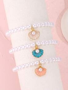 1件优雅白色仿珍珠手链，配合金贝壳吊坠，适合派对、约会等场合佩戴的珠宝配饰 - 白色 - 查看 2