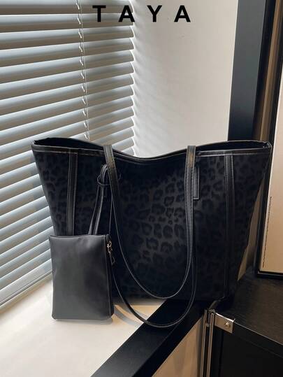 2pcs Large Capacity Leopard Print Faux Leather Tote Bag, With Dual Handles, Ideal For Commuting, Work Or School. This Spacious, Lightweight Tote Bag Combines Classic Casual And Business Casual Styles. It Is Very Suitable For Young Women, College Students And Working Professionals, Easily Adapting To Work Environments, Back-To-School Seasons, High School/College Life, And Holiday Travel. A Fashionable Zipper Tote Bag.
